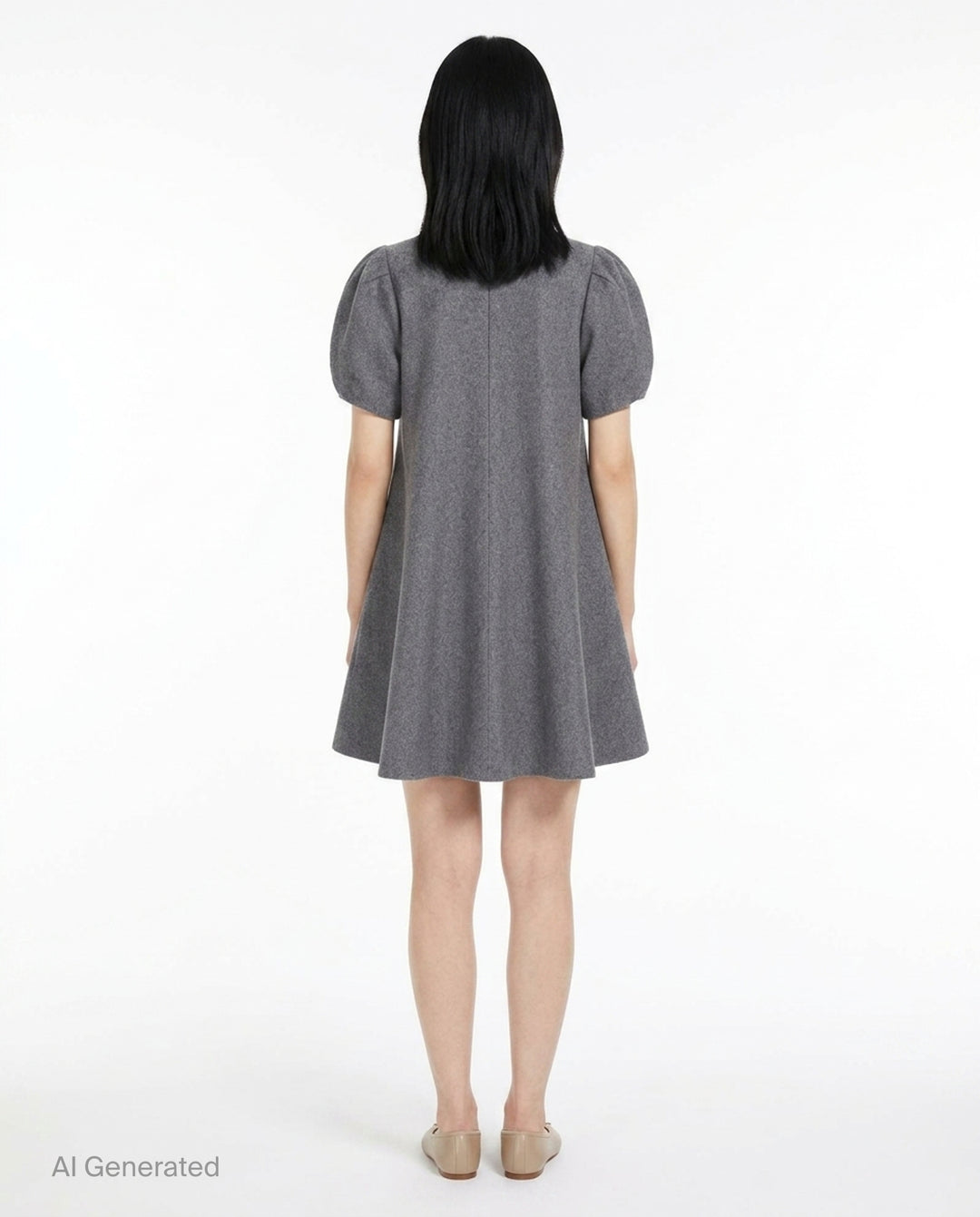 pushBUTTON gray heathered wool-blend mini dress with oversized bow collar, curved chest yoke, button placket, and puff sleeves in a flared A-line silhouette - back