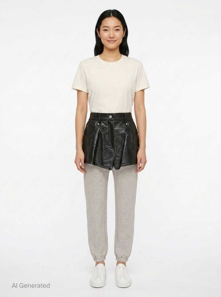 pushBUTTON black faux-leather mini skirt overlay layered over grey marl tapered sweatpants with elasticated cuffs and silver rivet hardware - front