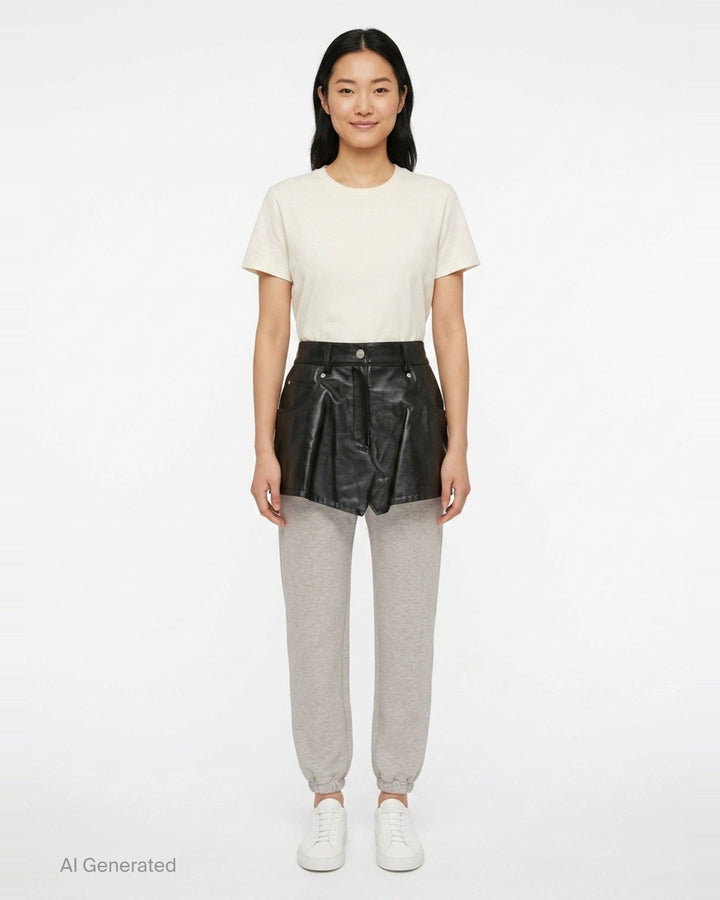 pushBUTTON black faux-leather mini skirt overlay layered over grey marl tapered sweatpants with elasticated cuffs and silver rivet hardware - front