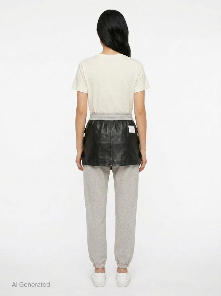 pushBUTTON black faux-leather mini skirt overlay layered over grey marl tapered sweatpants with elasticated cuffs and silver rivet hardware - back