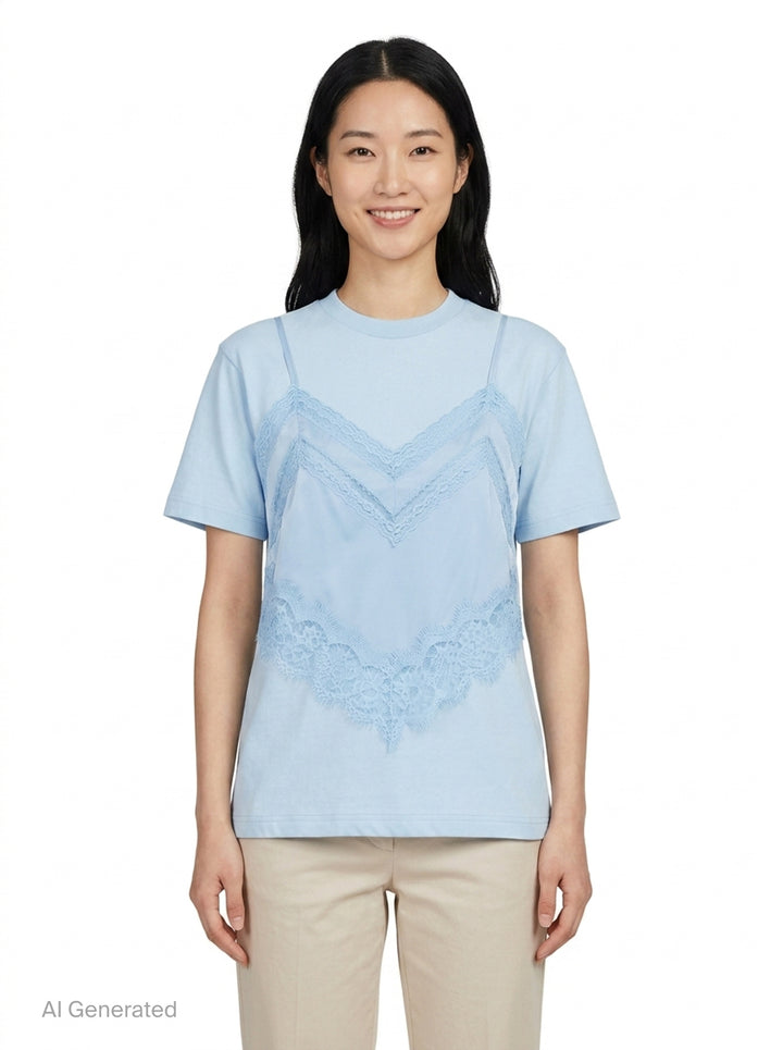 Light Blue Lace Camisole Layer Tee | pushBUTTON | Club21 - front