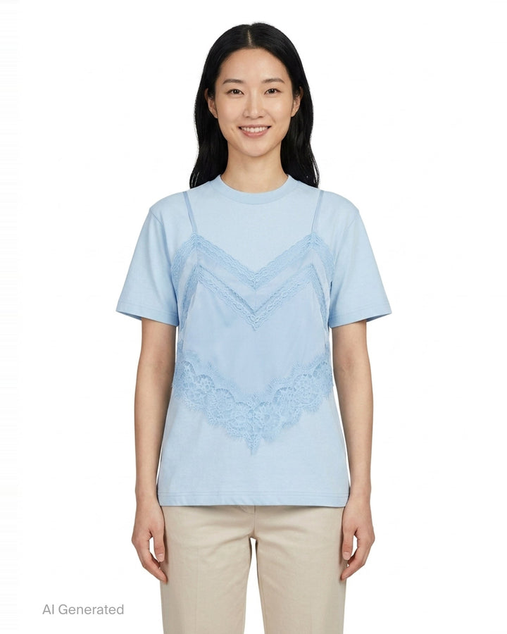 Light Blue Lace Camisole Layer Tee | pushBUTTON | Club21 - front