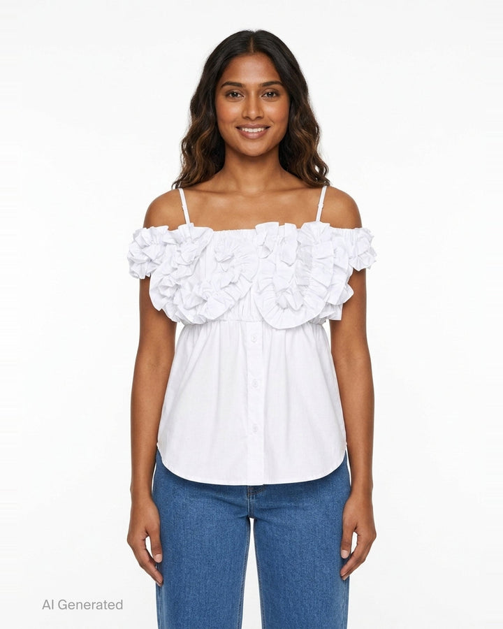 Off-Shoulder Ruffled Shirring Blouse | pushBUTTON | Club21 - front