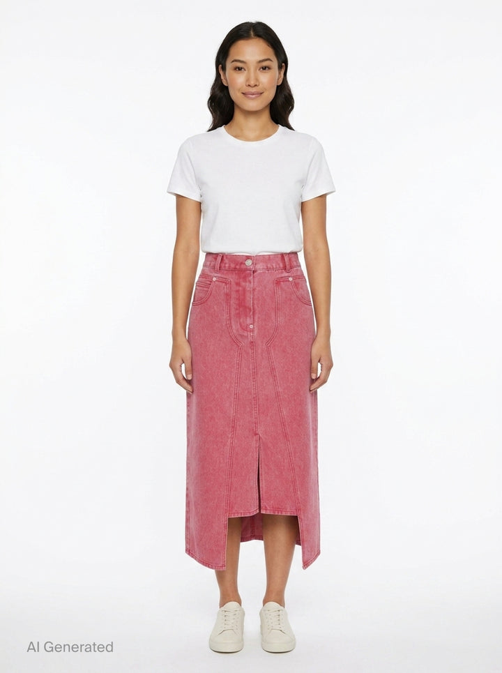 pushBUTTON red acid-washed denim midi skirt with curved panel seaming, contrast stitching, front slit, and snap-button fly closure - front