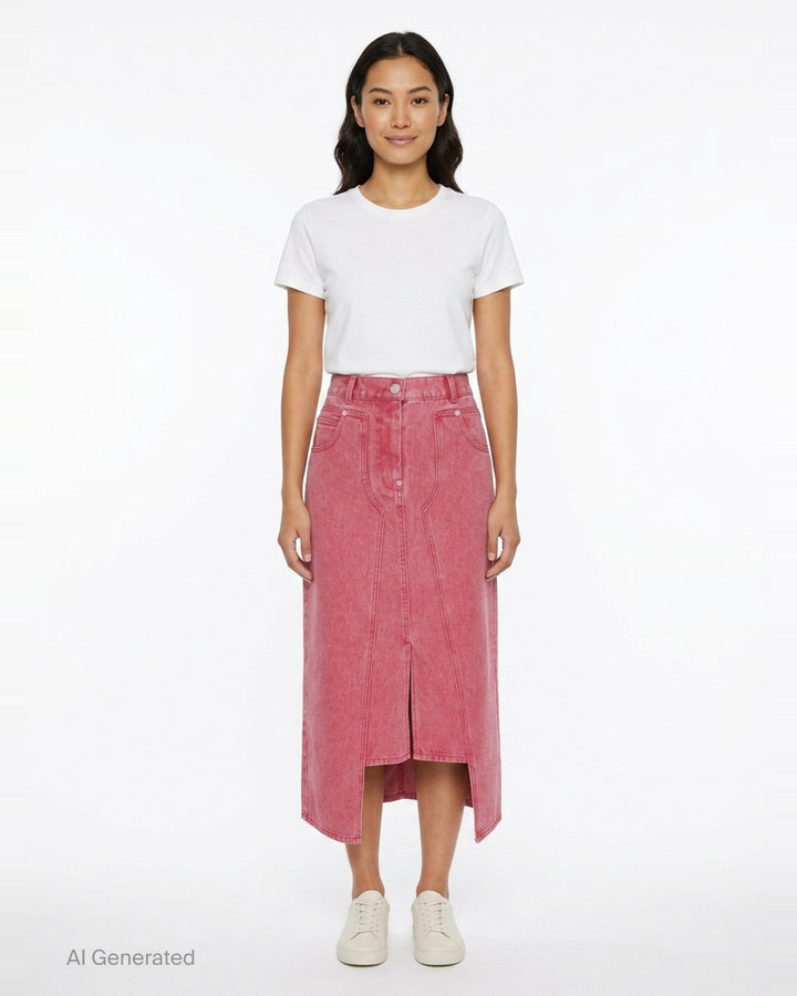 pushBUTTON red acid-washed denim midi skirt with curved panel seaming, contrast stitching, front slit, and snap-button fly closure - front