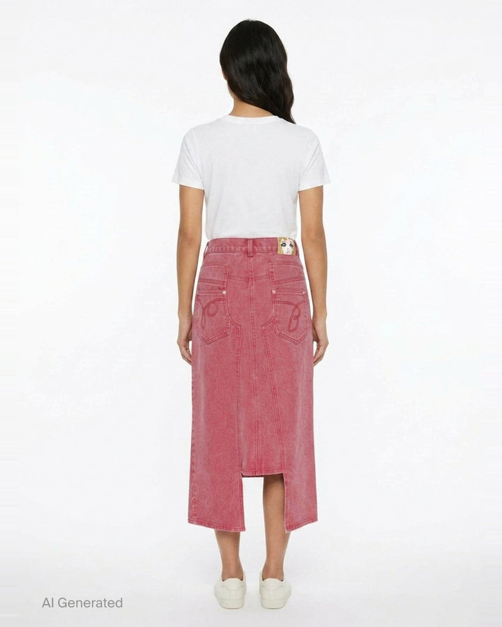 pushBUTTON red acid-washed denim midi skirt with curved panel seaming, contrast stitching, front slit, and snap-button fly closure - back
