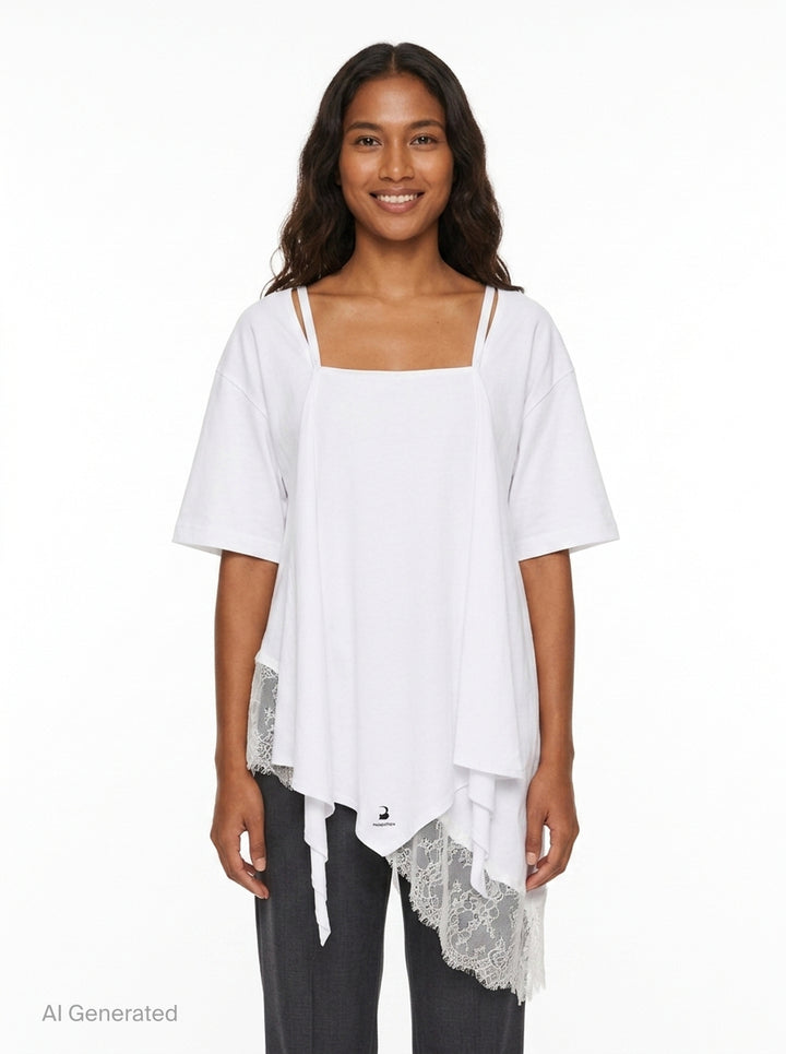White Asymmetric Lace Scarf Tee | pushBUTTON | Club21 - front