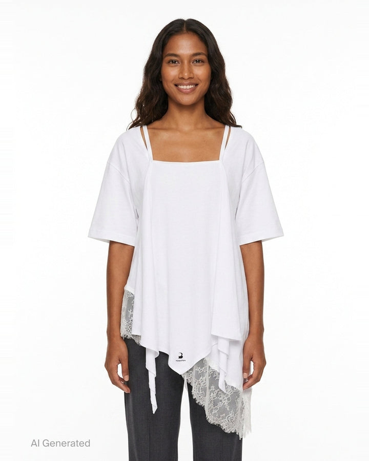 White Asymmetric Lace Scarf Tee | pushBUTTON | Club21 - front