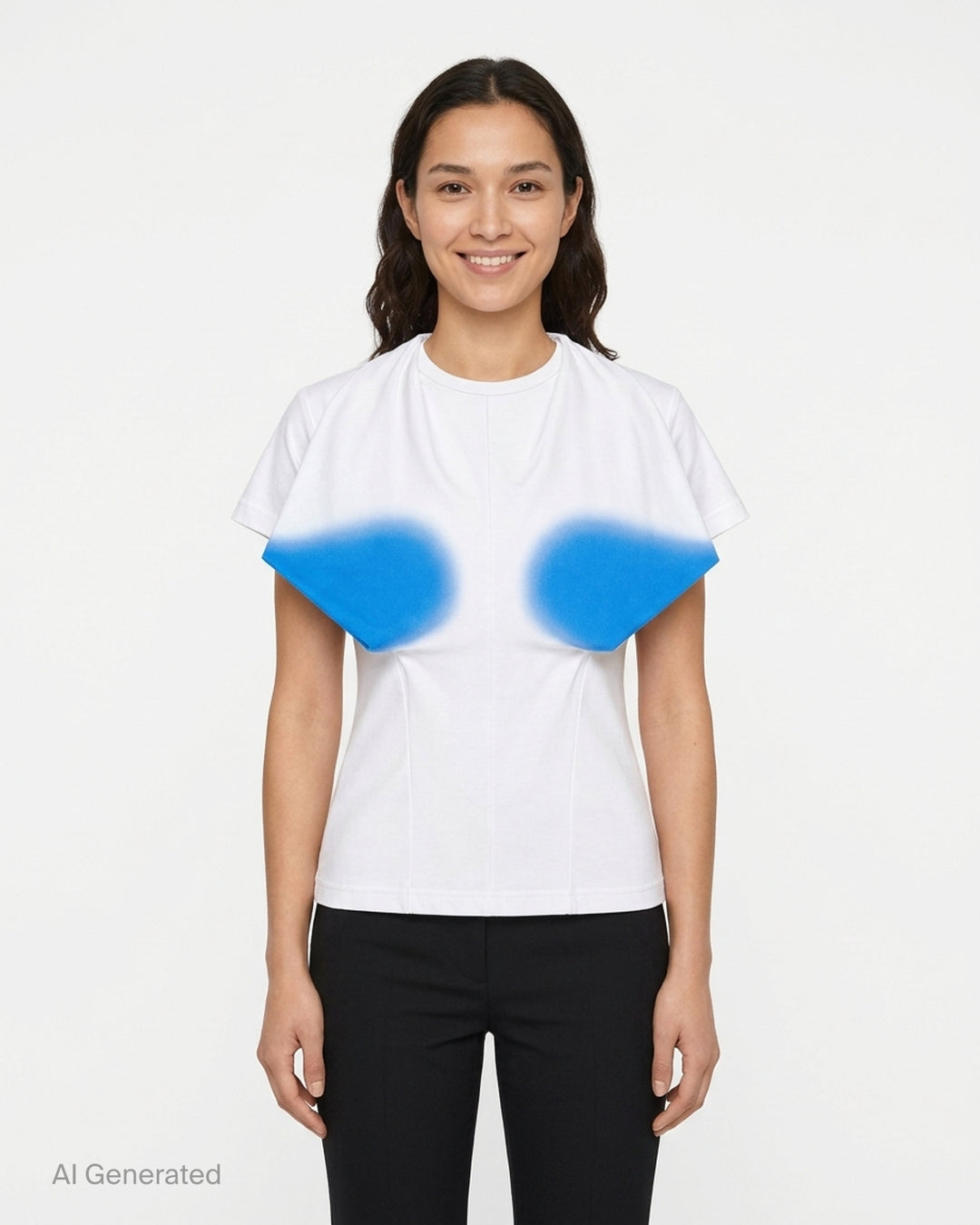 pushBUTTON white jersey top with draped bust and airbrushed blue bra-shaped gradient, shown from the front - front
