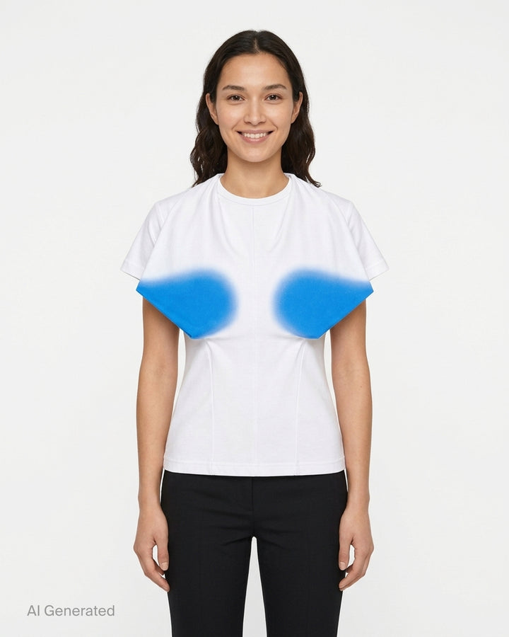 pushBUTTON white jersey top with draped bust and airbrushed blue bra-shaped gradient, shown from the front - front
