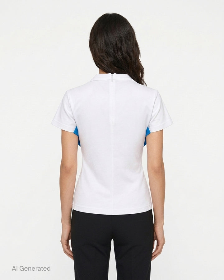 pushBUTTON white jersey top with draped bust and airbrushed blue bra-shaped gradient, shown from the front - back