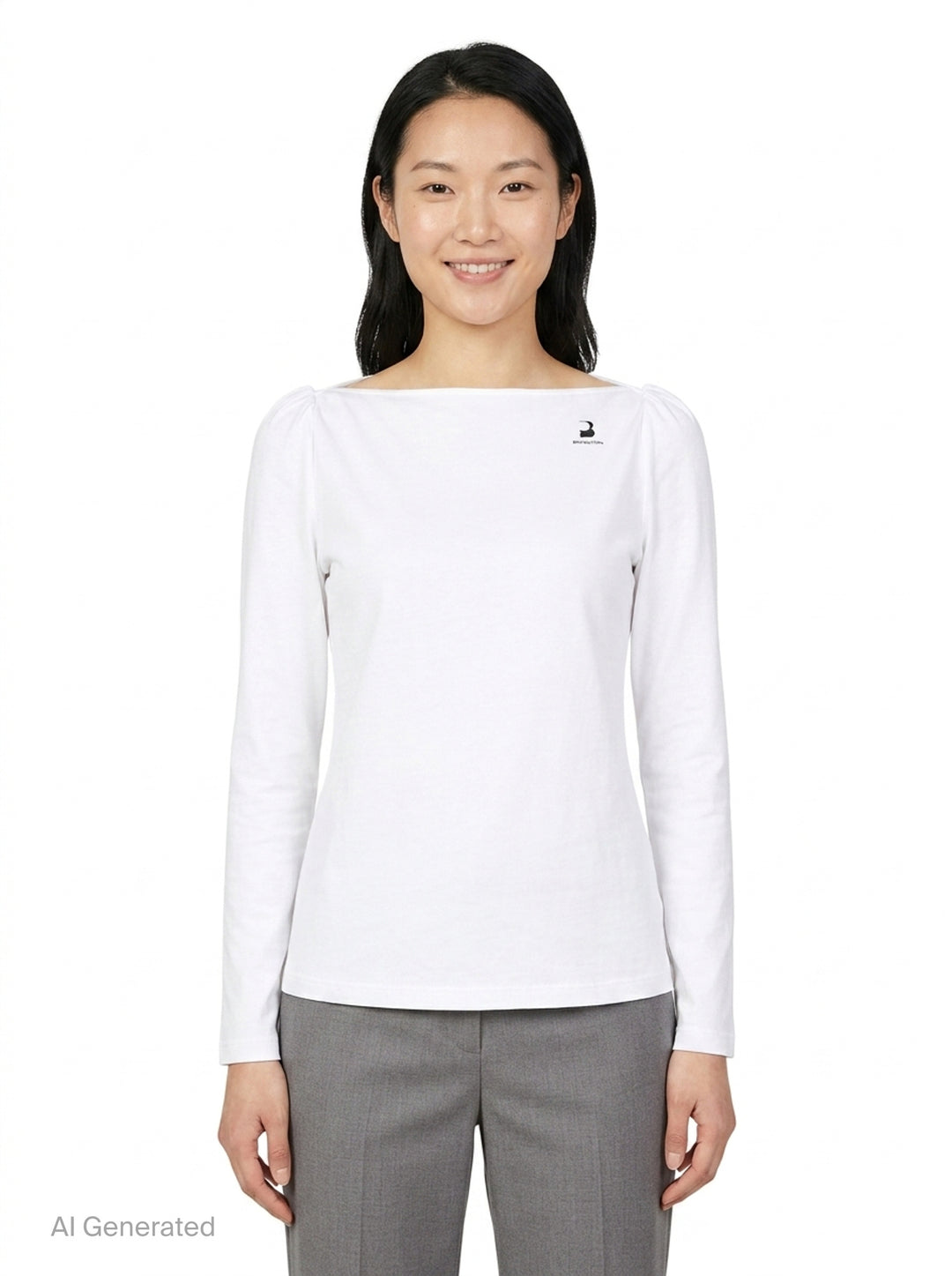 White Straight Neck Long Sleeve Tee | pushBUTTON | Club21 - front