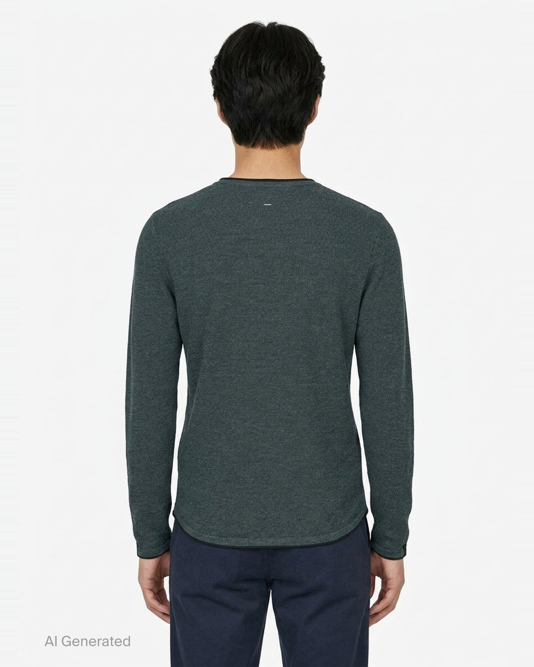 rag & bone Brooks Wool Crew Sweater in deep teal, featuring a slim fit, crew neckline, long sleeves, and raw-edge cuffs, displayed on a flat ghost mannequin - back