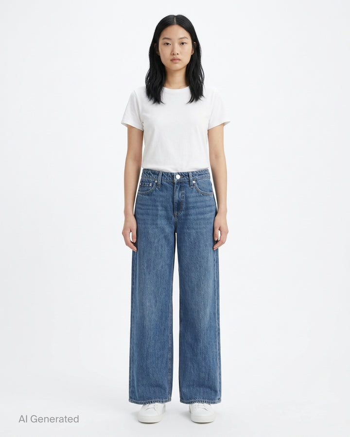 rag & bone Cam Ankle Straight Jeans in mid-blue washed denim with relaxed straight leg and cropped ankle hem, shown flat from the front - front