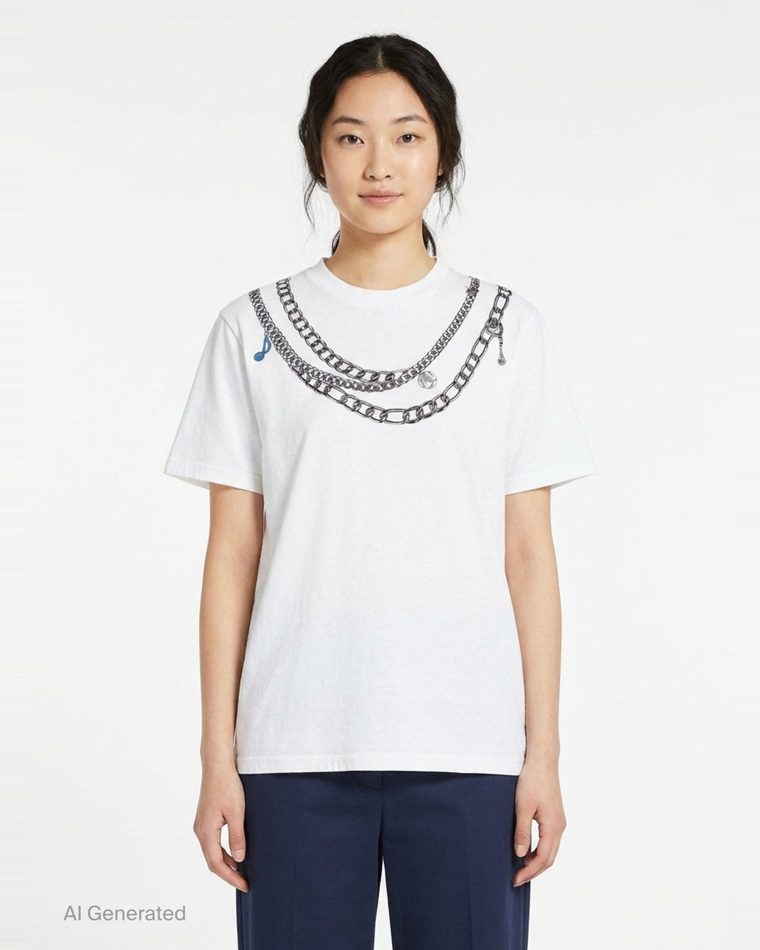 rag & bone Miramar Charms Short Sleeve Tee in white with a trompe l'oeil printed graphic of layered silver chain necklaces and charm details across the chest - front