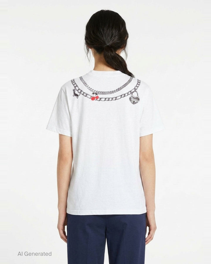 rag & bone Miramar Charms Short Sleeve Tee in white with a trompe l'oeil printed graphic of layered silver chain necklaces and charm details across the chest - back