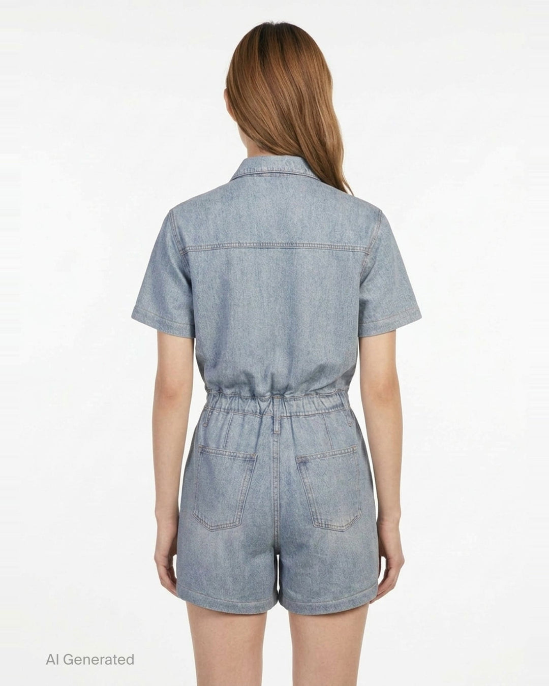rag & bone light-wash denim short sleeve romper with camp collar, snap-button front placket, elasticated waist, and relaxed shorts silhouette, displayed flat on white background - back