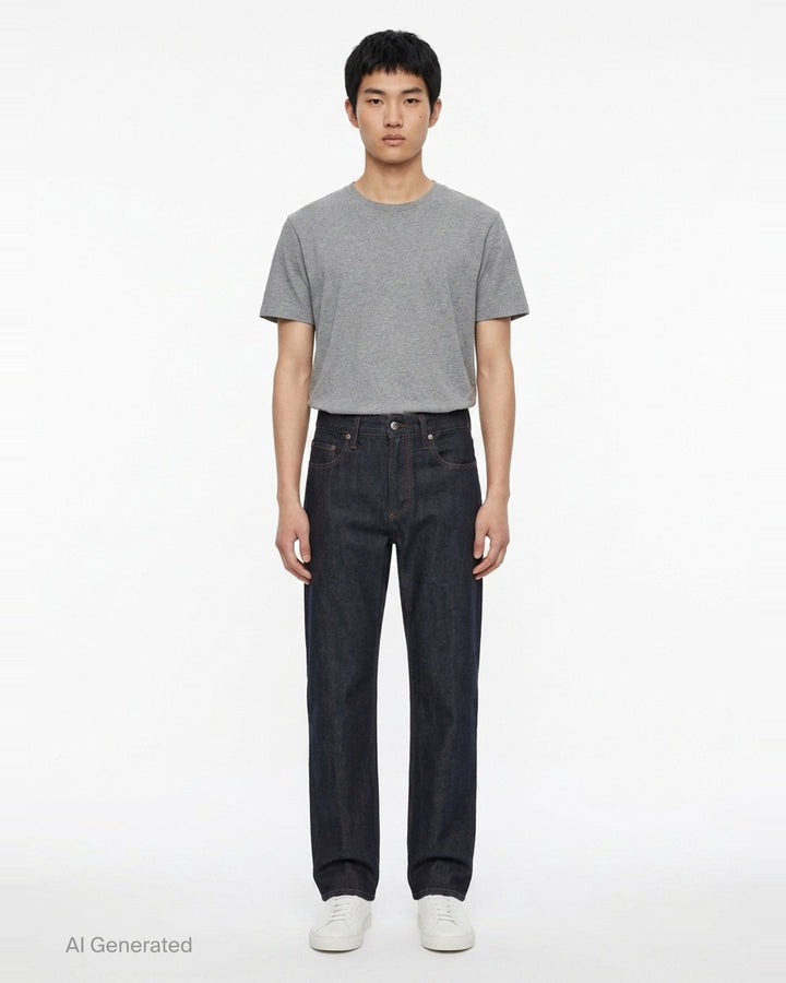 rag & bone Fit 3 Raw Stretch Jeans in dark indigo with contrast amber topstitching and straight-leg silhouette, front view - front