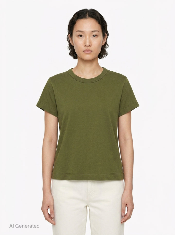 rag & bone Kelly Perfect Tee in olive green, featuring a ribbed crew neckline, short sleeves, and a slightly cropped tailored silhouette - front