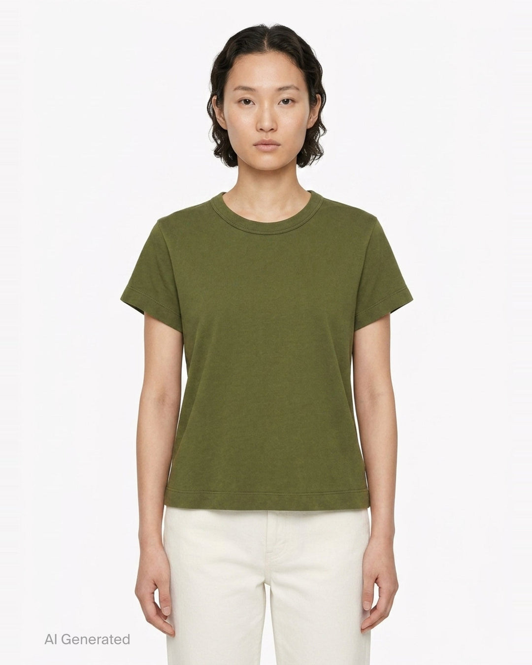 rag & bone Kelly Perfect Tee in olive green, featuring a ribbed crew neckline, short sleeves, and a slightly cropped tailored silhouette - front