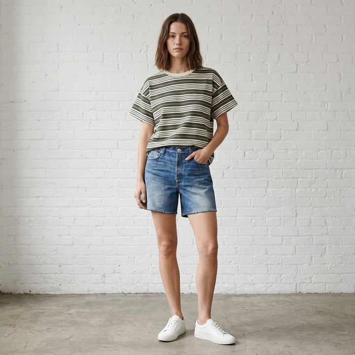 rag & bone Kelly Stripe Boxy Jersey Tee in olive, cream, navy and lavender multi-stripe with cream crew neck, front view - lifestyle