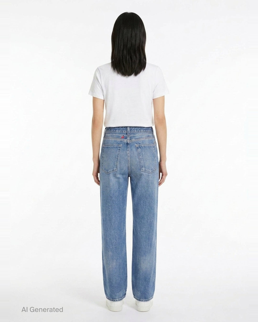 rag & bone Miramar Charm Wide Leg Jeans in mid-blue faded wash with silver chain trim along the waistband, five-pocket detailing, and a relaxed straight-leg silhouette - back