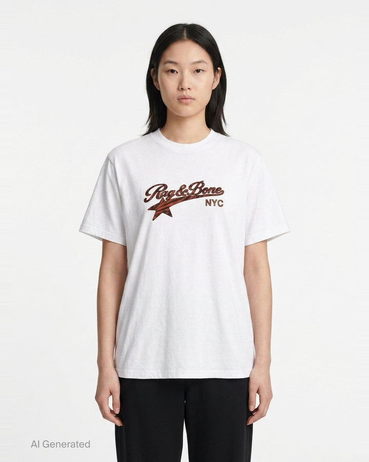 rag & bone Miramar Cotton Graphic Tee in white with varsity-script logo and tiger-stripe print detail on the chest - front