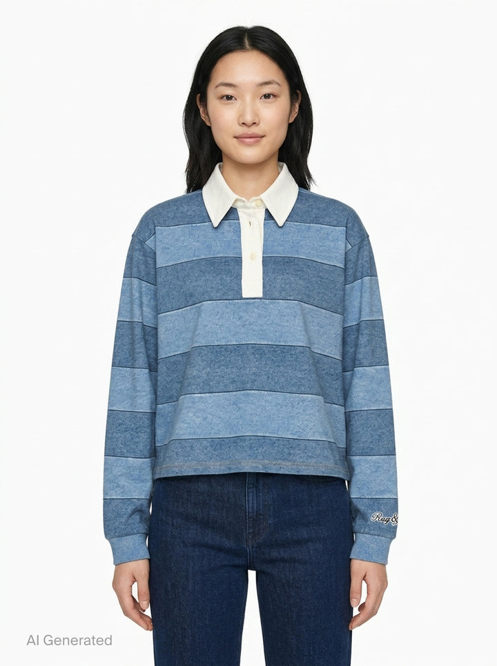 rag & bone Miramar Cropped Rugby Polo in tonal blue denim stripe with cream contrast collar, button placket, and ribbed cuffs - front