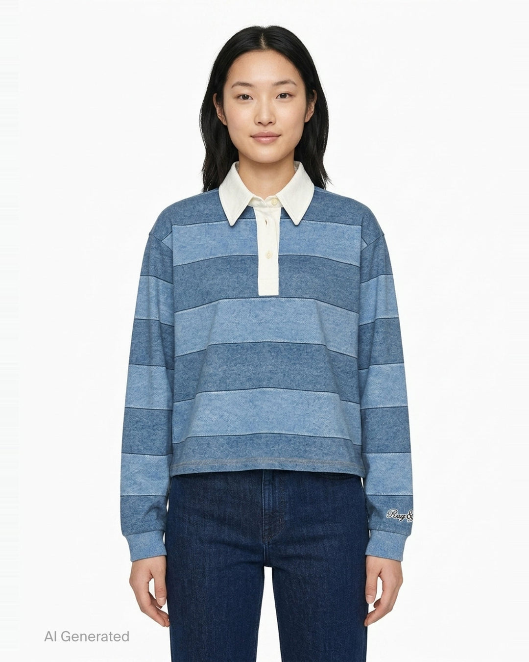 rag & bone Miramar Cropped Rugby Polo in tonal blue denim stripe with cream contrast collar, button placket, and ribbed cuffs - front