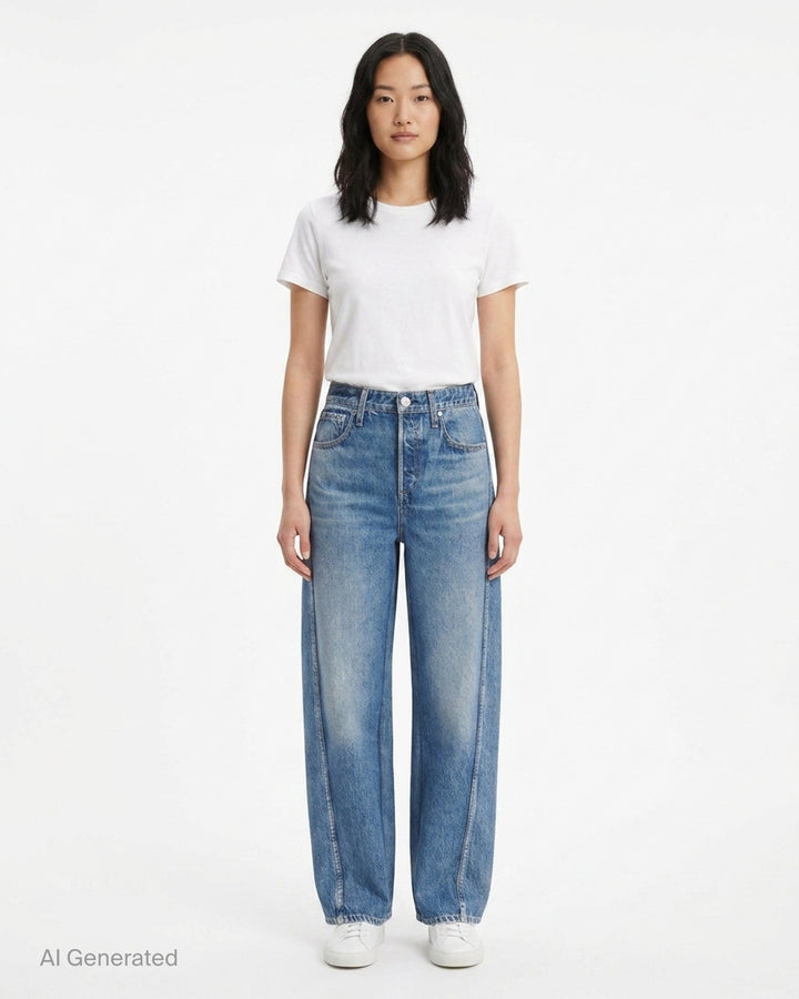 rag & bone Miramar High Rise Barrel Jeans in medium blue wash, featuring a relaxed curved silhouette, five-pocket construction, and clean-cut hem, shown flat on a white background - front