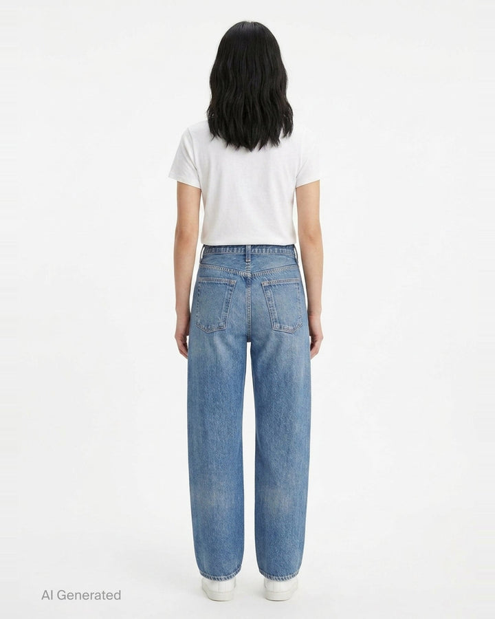 rag & bone Miramar High Rise Barrel Jeans in medium blue wash, featuring a relaxed curved silhouette, five-pocket construction, and clean-cut hem, shown flat on a white background - back