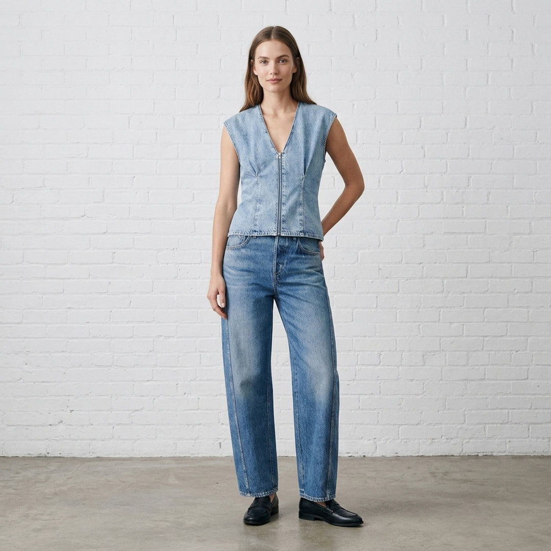 rag & bone Miramar High Rise Barrel Jeans in medium blue wash, featuring a relaxed curved silhouette, five-pocket construction, and clean-cut hem, shown flat on a white background - lifestyle