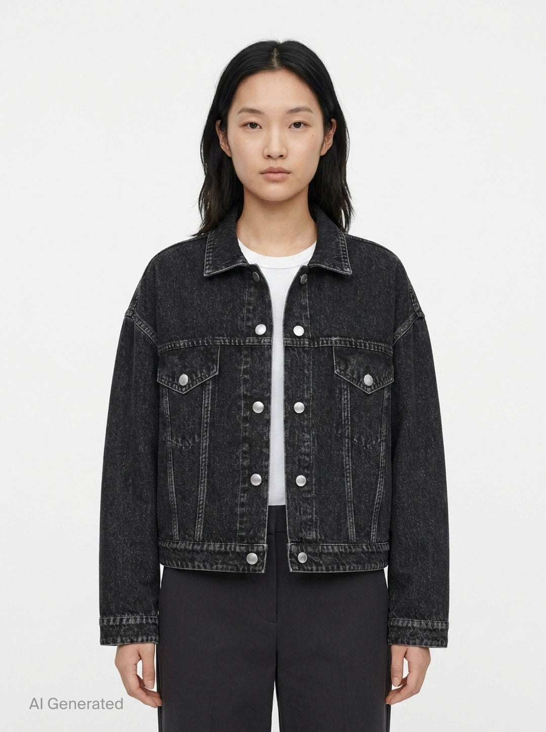 rag & bone Miramar Mallow Trucker Jacket in washed black denim with silver snap buttons, twin chest pockets, and contrast topstitching, shown flat on a white background - front