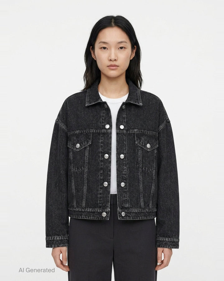 rag & bone Miramar Mallow Trucker Jacket in washed black denim with silver snap buttons, twin chest pockets, and contrast topstitching, shown flat on a white background - front