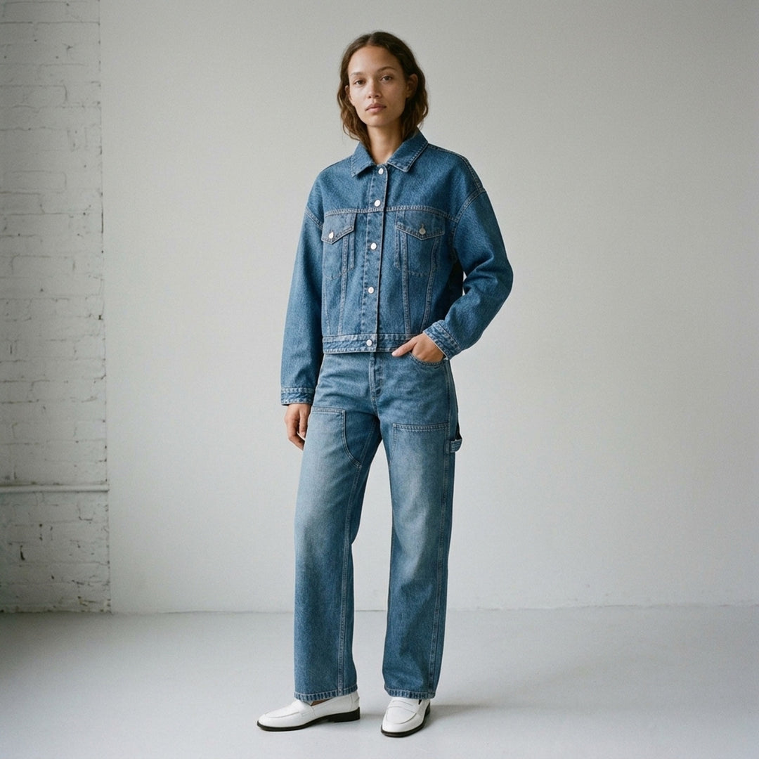 rag & bone Miramar Mallow Trucker Jacket in washed black denim with silver snap buttons, twin chest pockets, and contrast topstitching, shown flat on a white background - lifestyle