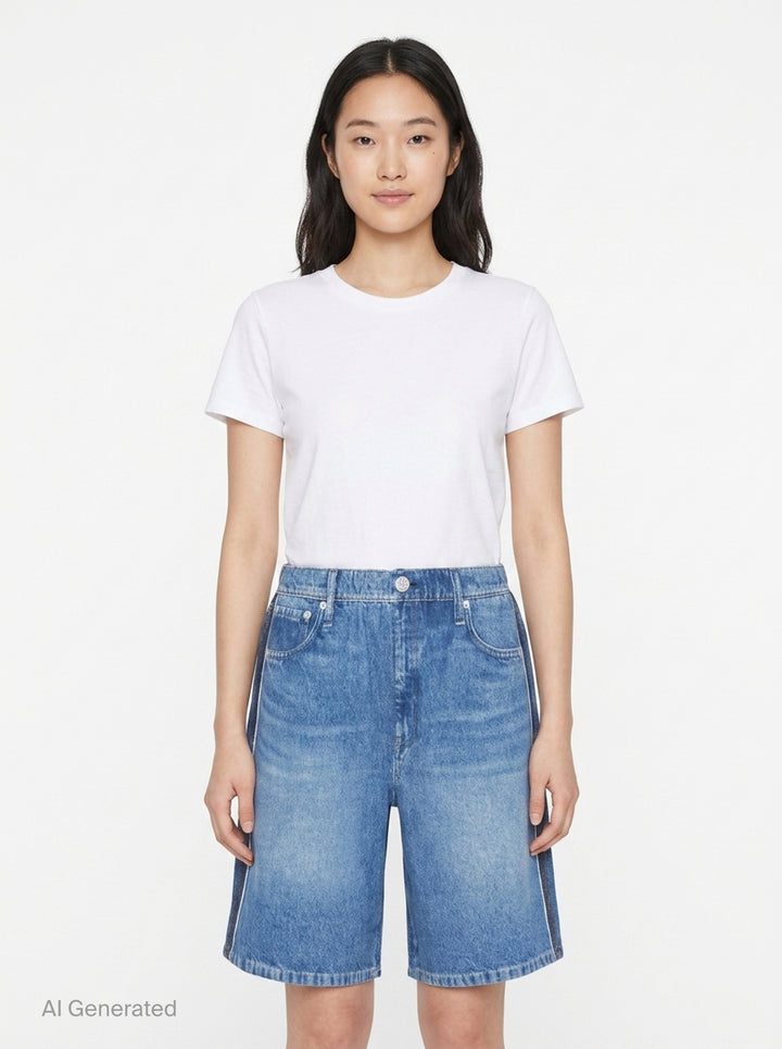 rag & bone Miramar Pull On McKenna Shorts in mid-blue washed denim with a relaxed bermuda silhouette, elasticated pull-on waistband, and five-pocket detailing - front