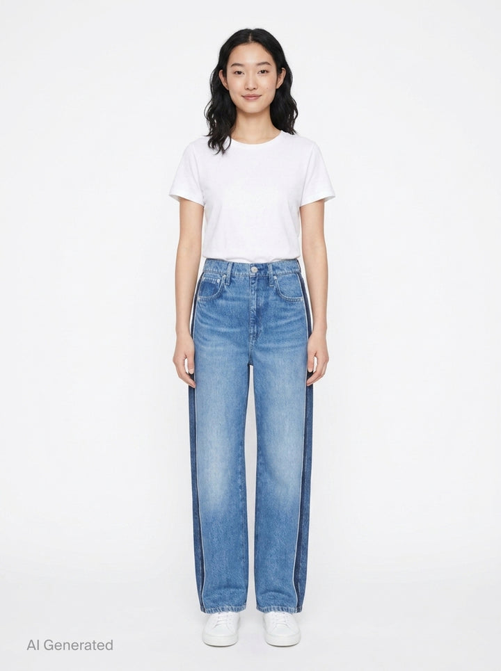 rag & bone Miramar wide-leg jeans in medium blue wash with raw fray detailing along both side seams, five-pocket styling and silver-tone hardware - front