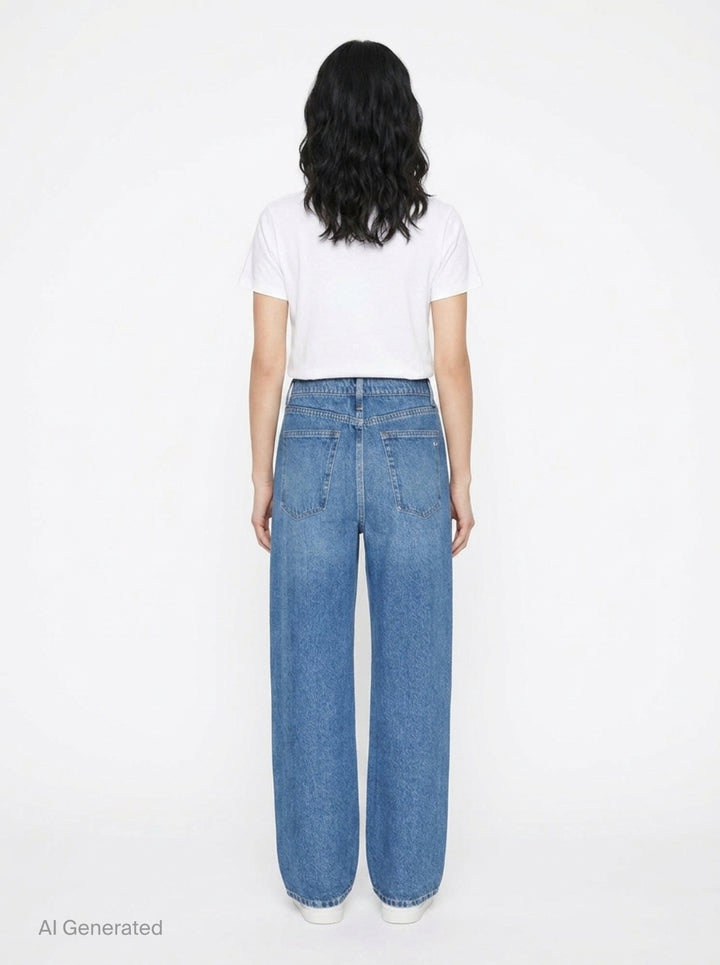 rag & bone Miramar wide-leg jeans in medium blue wash with raw fray detailing along both side seams, five-pocket styling and silver-tone hardware - back