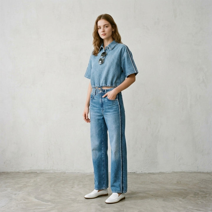 rag & bone Miramar wide-leg jeans in medium blue wash with raw fray detailing along both side seams, five-pocket styling and silver-tone hardware - lifestyle
