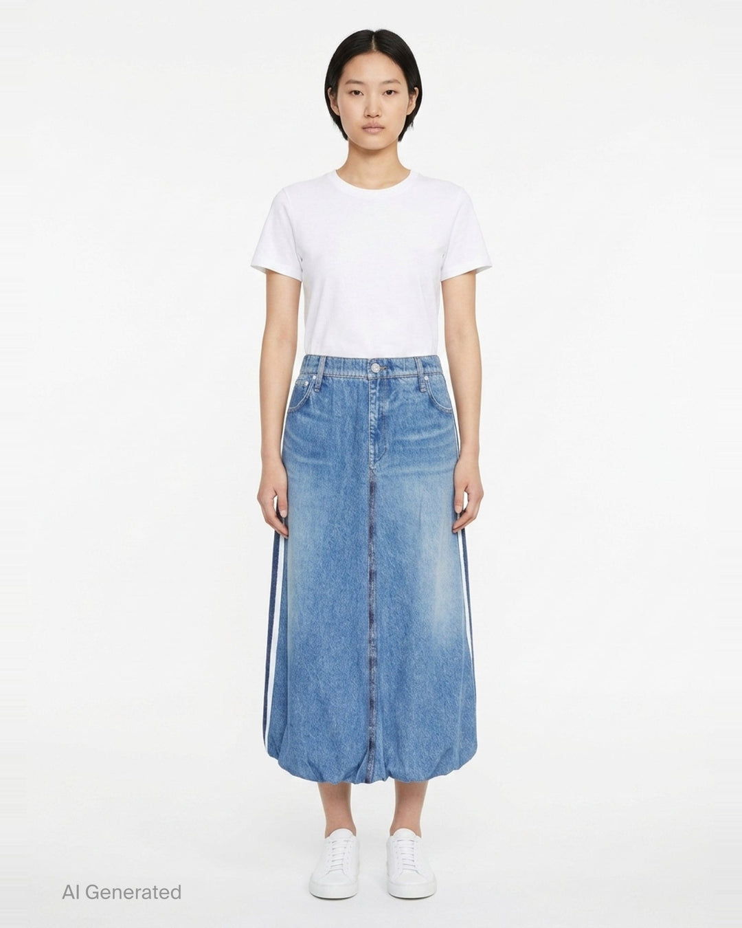 rag & bone Miramar Terry Bubble Skirt in light wash blue denim, featuring a front centre seam, bubble hem, and five-pocket construction - front