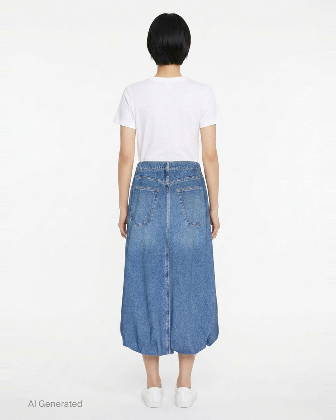rag & bone Miramar Terry Bubble Skirt in light wash blue denim, featuring a front centre seam, bubble hem, and five-pocket construction - back