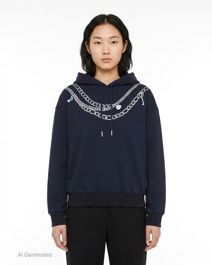 rag & bone Miramar Terry Charms Hoodie in navy, featuring a trompe-l'œil silver chain-link necklace graphic print across the chest with charm and key-pendant details, drawstring hood, and kangaroo pocket - front