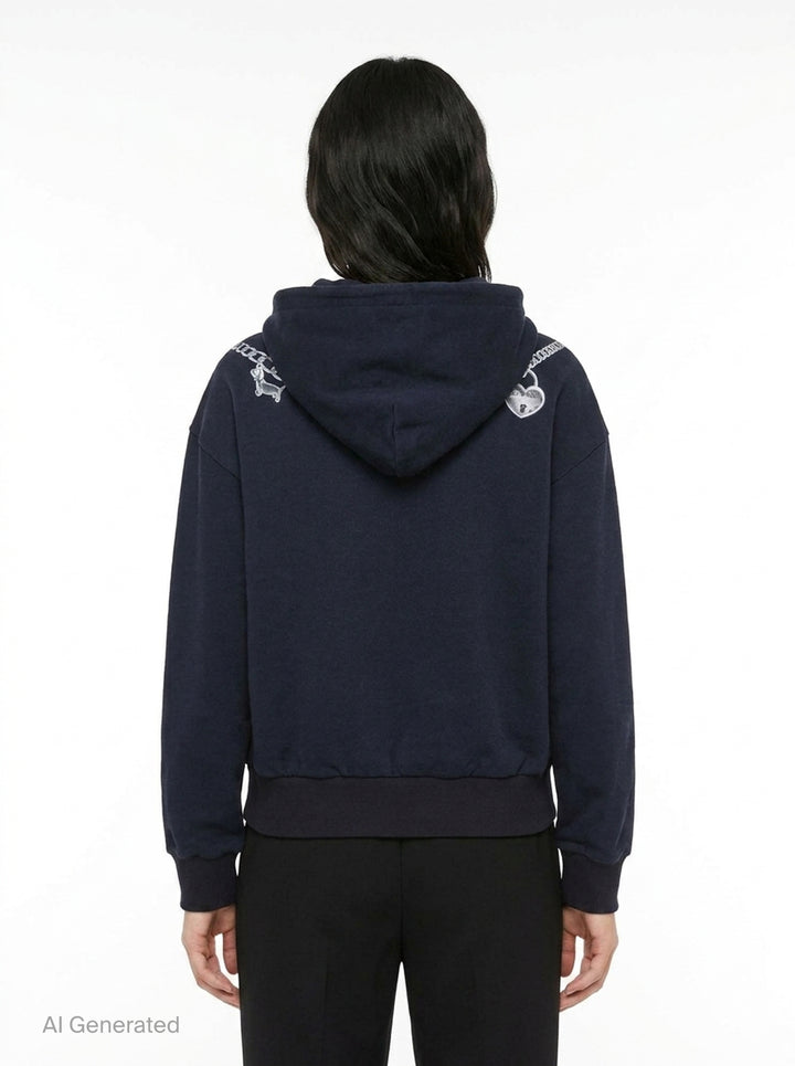 rag & bone Miramar Terry Charms Hoodie in navy, featuring a trompe-l'œil silver chain-link necklace graphic print across the chest with charm and key-pendant details, drawstring hood, and kangaroo pocket - back