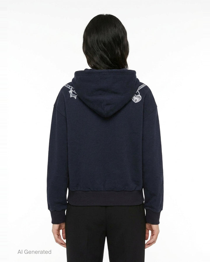 rag & bone Miramar Terry Charms Hoodie in navy, featuring a trompe-l'œil silver chain-link necklace graphic print across the chest with charm and key-pendant details, drawstring hood, and kangaroo pocket - back