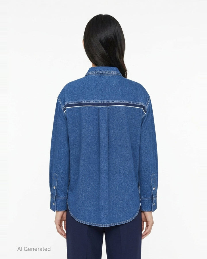 rag & bone Miramar Terry Denim Shirt in mid-blue wash with contrast vertical seam detailing, snap-button placket, point collar, and wide barrel cuffs — front view - back