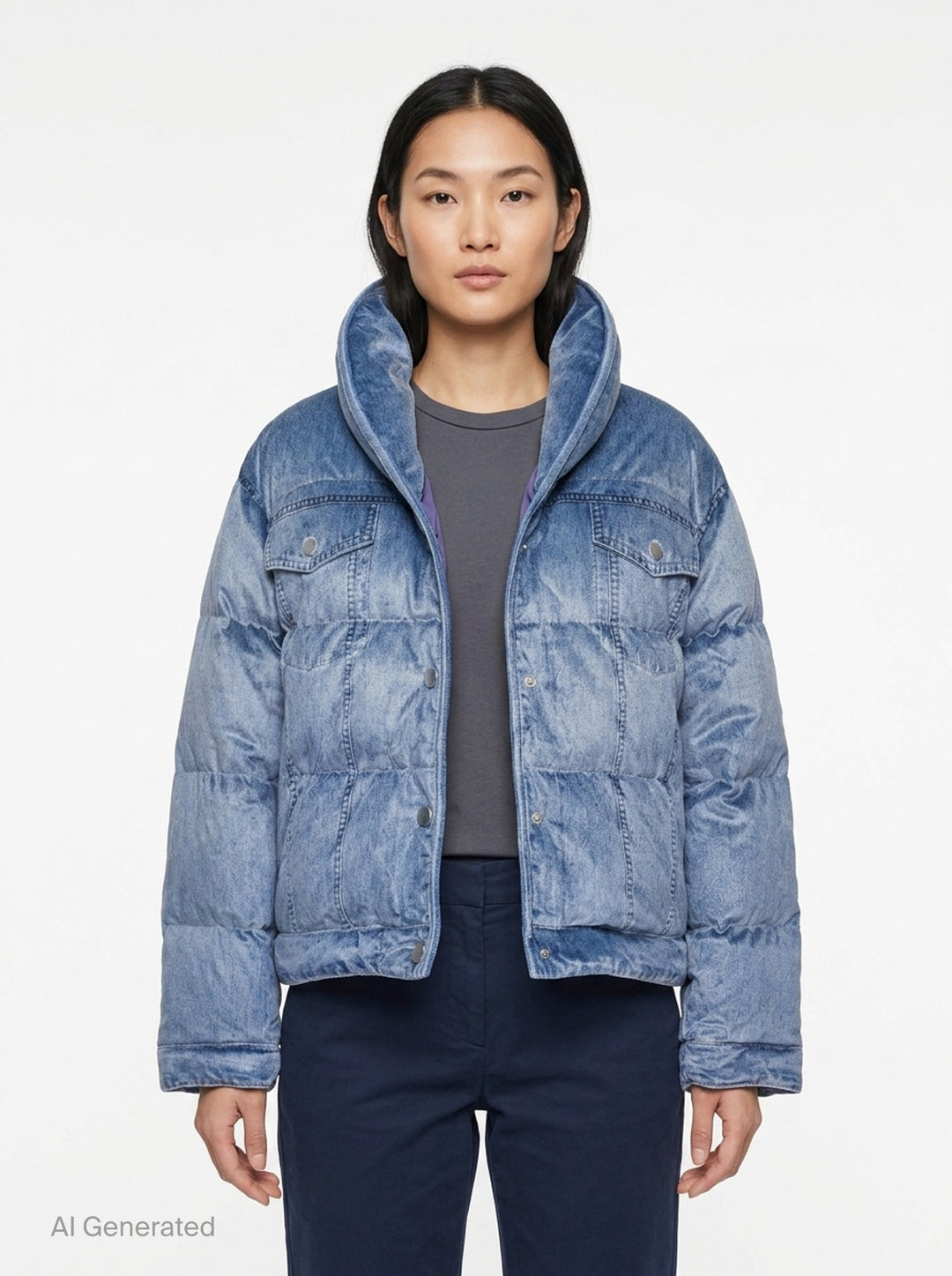 rag & bone Miramar Velvet Angie Crop Puffer in light blue denim-print velvet, featuring an oversized hood, horizontal quilted baffling, snap-button closure, and dual chest patch pockets - front