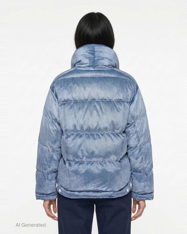 rag & bone Miramar Velvet Angie Crop Puffer in light blue denim-print velvet, featuring an oversized hood, horizontal quilted baffling, snap-button closure, and dual chest patch pockets - back