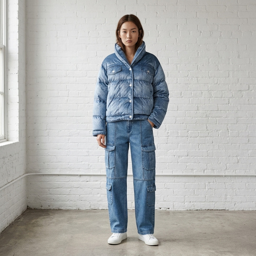 rag & bone Miramar Velvet Angie Crop Puffer in light blue denim-print velvet, featuring an oversized hood, horizontal quilted baffling, snap-button closure, and dual chest patch pockets - lifestyle
