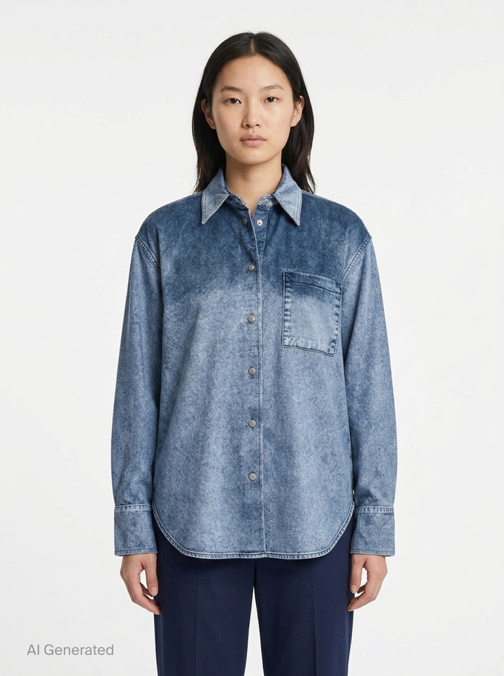 rag & bone Miramar Velvet Connie Shirt in blue acid-wash denim with tonal yoke blocking, snap-button placket, and a chest patch pocket - front