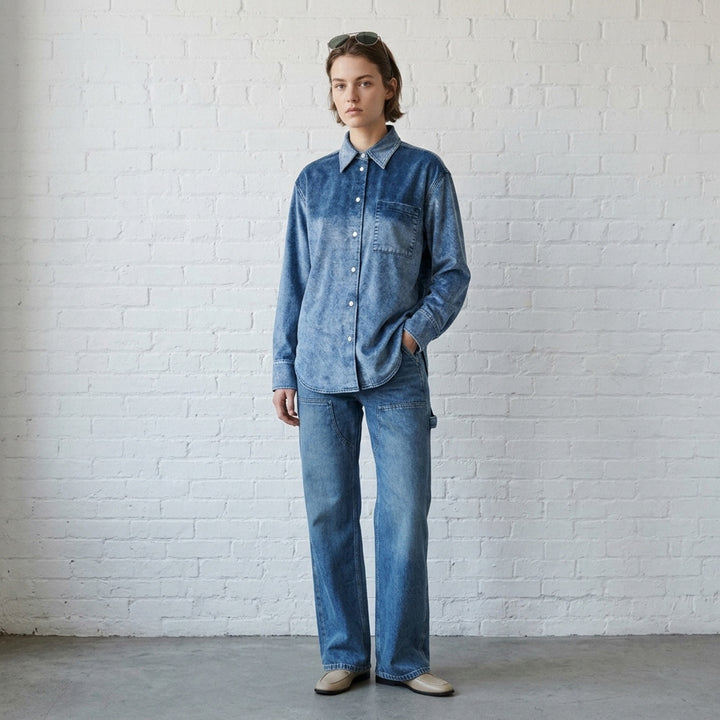 rag & bone Miramar Velvet Connie Shirt in blue acid-wash denim with tonal yoke blocking, snap-button placket, and a chest patch pocket - lifestyle